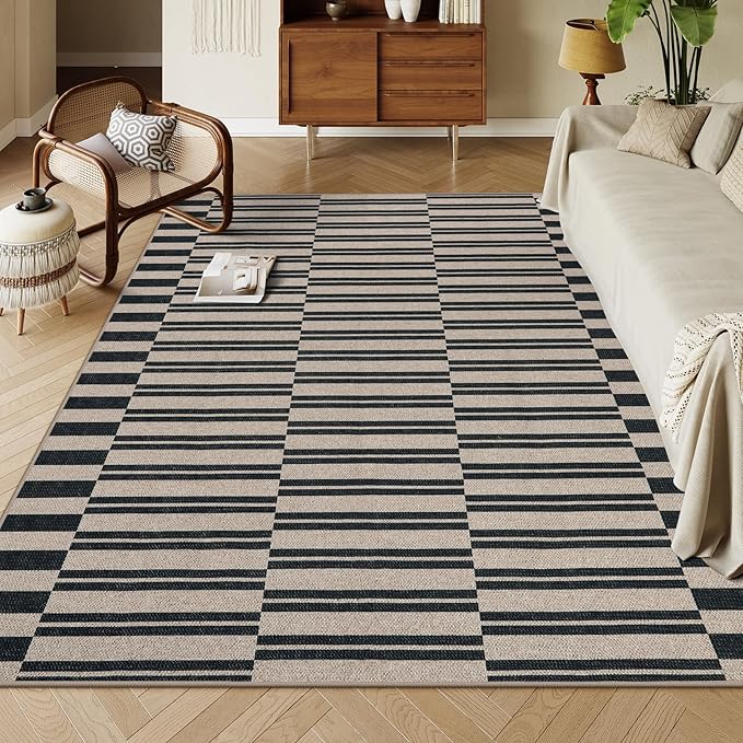Lahome Elance Striped Easy Jute Rug, 5x7 Outdoor Patio Rug Neutral Dining Room Rug Indoor Outdoor Carpet, Farmhouse Washable Non Slip Black Carpet for Backyard Living Room Office Deck
