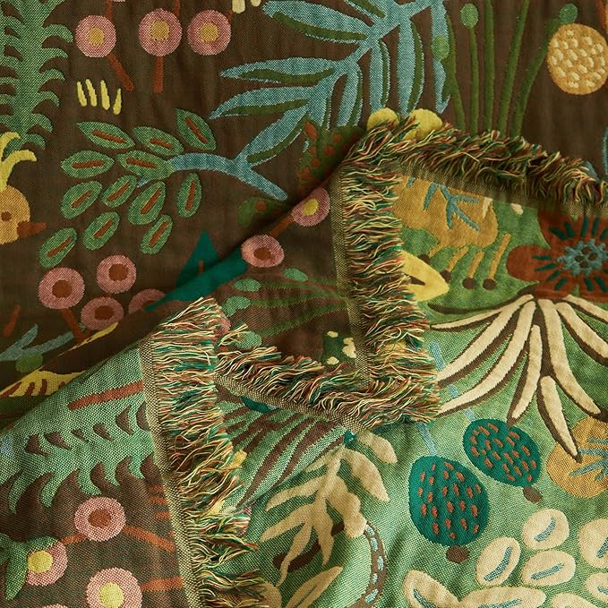 Boho Throw Blanket for Bed 100% Cotton Soft Lightweight Quilt Blanket Twin Forest Tiger Embroidery Home Decor Breathable Spring Bed Blankets,60"x80" All Season Throw for Sofa Couch Chair