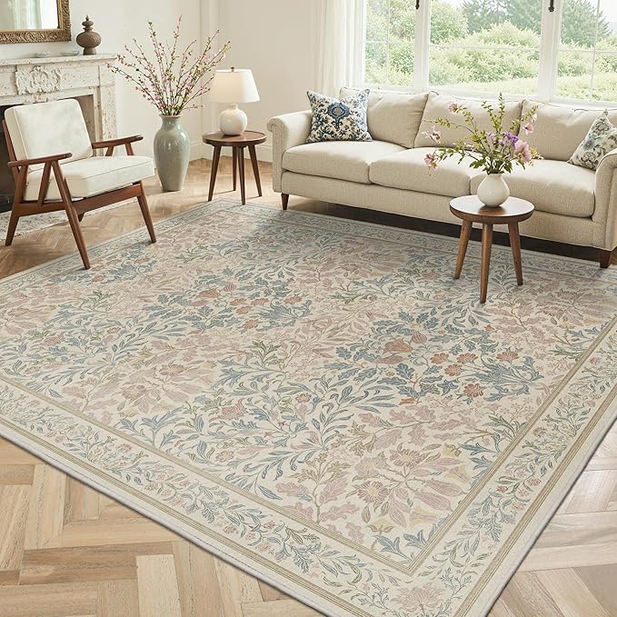 GENIMO Washable 4x6 Area Rug, Vintage Boho Floral Carpet, Soft Low-Pile Non-Slip Thin Rug for Living Room, Bedroom, Dining Room, Nursery, Beige Pink