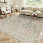 GENIMO Washable 4x6 Area Rug, Vintage Boho Floral Carpet, Soft Low-Pile Non-Slip Thin Rug for Living Room, Bedroom, Dining Room, Nursery, Beige Pink