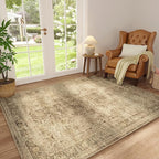 FMFUNCTEX 5x7 Washable Area Rug Neutral Vintage Brown Non Slip Low Pile Traditional Indoor Carpet for Living Room Bedroom Soft Retro Floral Mat Throw Rug for Dining Office Kitchen Dorm Entryway