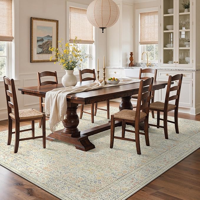 GENIMO 8x10 Area Rug for Living Room, Washable Vintage Floral Low Pile Non-Slip Large Carpet for Bedroom Dining Room, Stain Resistant Botanical Indoor Rug (Beige)