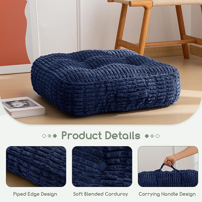 6" Washable Floor Pillow Cushion for Adults, Meditation Cushion Pillow, Removable Tufted Blended Corduroy Cover, Large Square Floor Sitting for Tatami Living Room or Yoga, 2Pack, Machine Washable