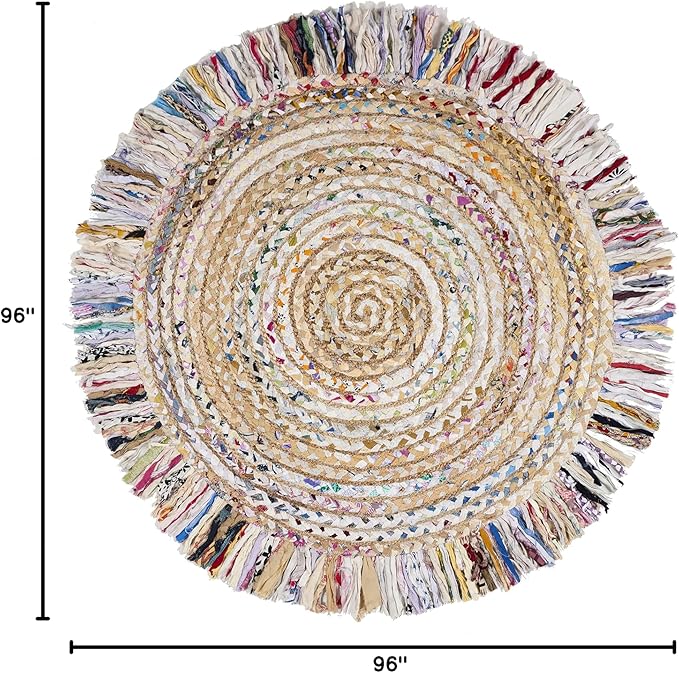 SAFAVIEH Cape Cod Collection Area Rug - 8' Round, Ivory & Light Beige, Handmade Boho Fringe Jute & Cotton, Ideal for High Traffic Areas in Living Room, Bedroom (CAP206B)