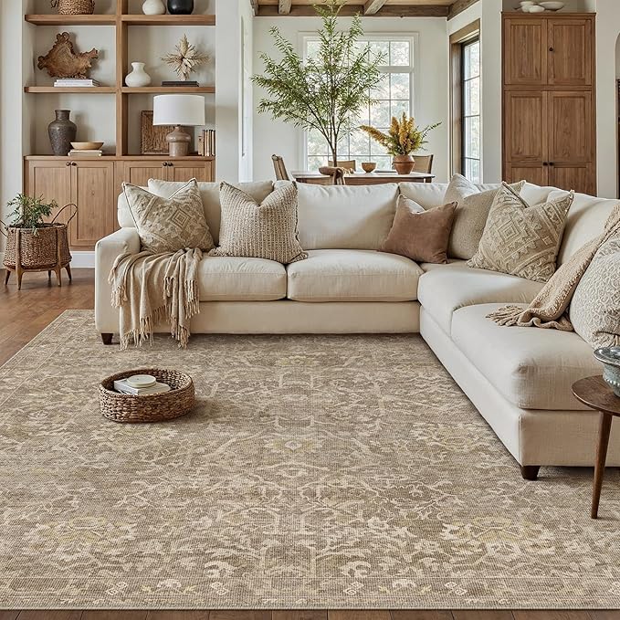 HUGEAR Area Rug 8x10 Light Brown Machine Washable Living Room Rugs Distressed Vintage Floral Vacuumable Low Pile Carpet Bedroom Office Dining Room Laundry Room Non Slip Soft Lightweight