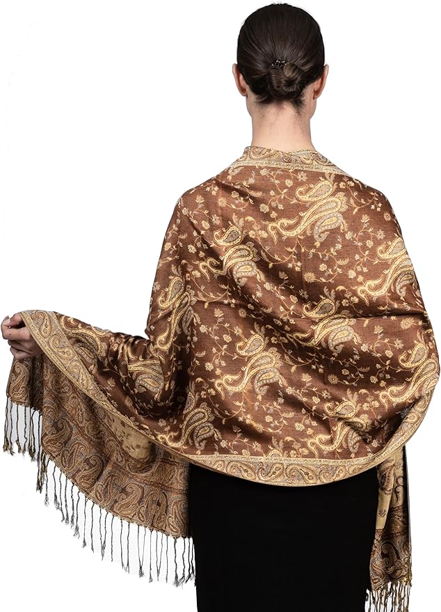 Achillea Reversible Paisley Pashmina Rave Scarf – Exotic Indian Shawls and Wraps for Evening Dresses, Festivals, All Seasons