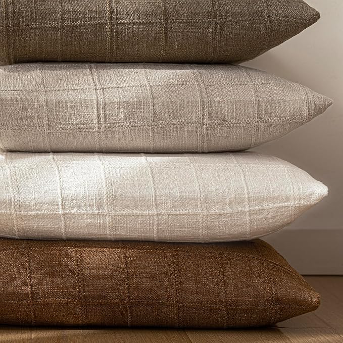 Foindtower Set of 2 Decorative Linen Check Throw Pillow Covers Neutral Farmhouse Vintage Cushion Covers Modern Boho Home Decor for Sofa Chair Couch Bedroom Living Room,22×22 Inch,Natural Linen