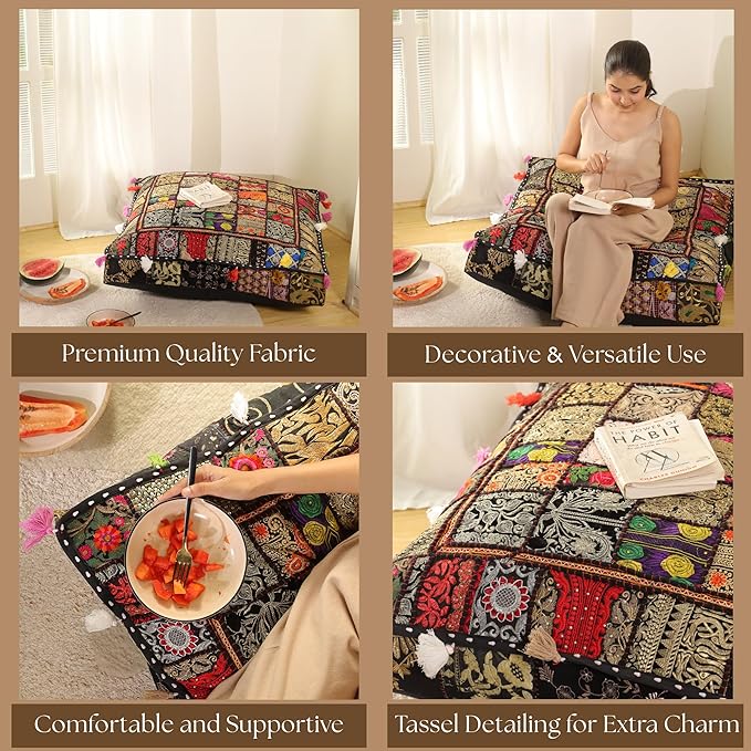 THE ART BOX Cotton Patchwork Vintage Boho Embroidered Floor Pillows & Cushion Cover Dog Pouf Seating Pouf Meditation Pillow Pet Bedding Cat Bed Boho Home Décor (35x35 Inches, Cover Only)