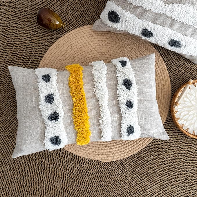 Boho Tufted Lumbar Throw Pillow Cover with Handwoven Stripes, Linen Cotton Simple Decorative Cushion Case for Couch Sofa, 1 PC (Beige Yellow, 12x20 inch)
