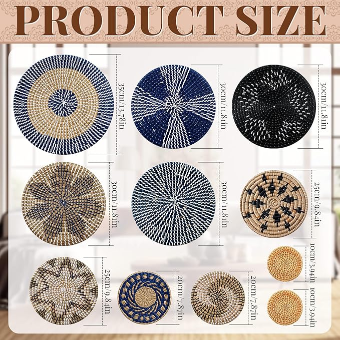 Tatuo 11 Pcs Boho Wall Basket Decor Decorative Bulrush Woven Basket Wall Decor Art Round Farmhouse Hanging Baskets for Kitchen Rustic Home Summer Decorations, Multi Sizes (Blue)
