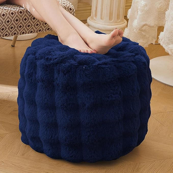 LIFEREVO Faux Rabbit Fur Round Inflatable Pouf Ottoman, 20" X 16" Plush Fuzzy Waffle Bubble Floor Poufs Foot Rest for Living Room Bedroom, Furry Pouf Foot Stool Couch Home Decor, Anti-Slip, Navy Blue