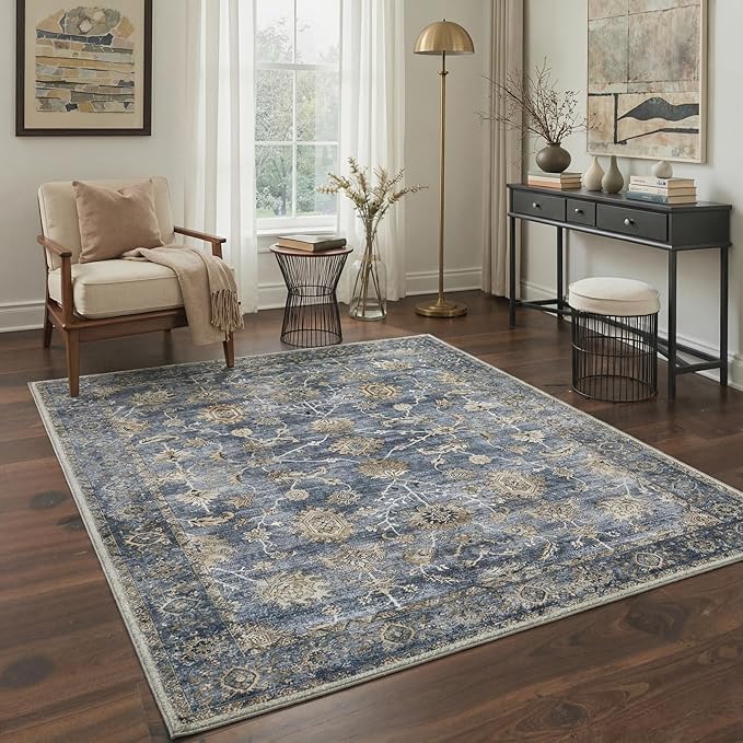 GENIMO Area Rug 2x3 Doormat, Machine Washable Low Pile Rugs, Small Retro Chenille Entryway Mat for Entrance, Hallway, Kitchen and Corridor, Distressed Blue Taupe
