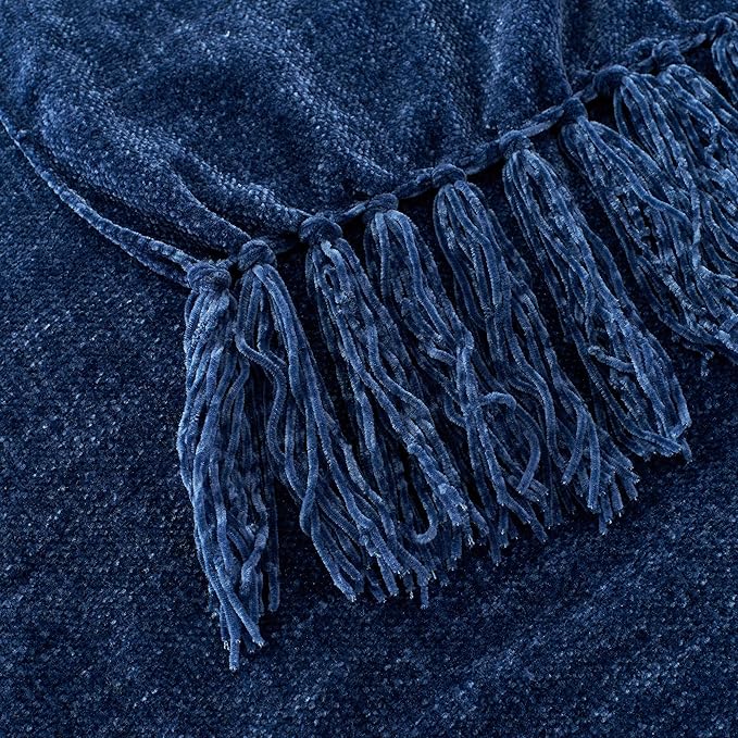 Chenille Throw Blanket for Couch with Tassels,50"X60" Soft Cozy Lightweight Knitted Boho Decorative Blankets for Bed and Sofa,Navy Blue