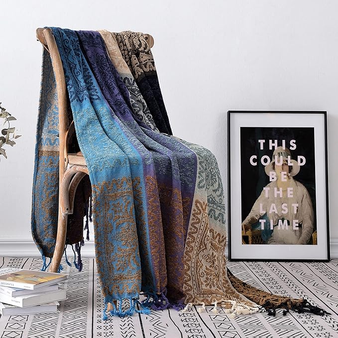 Boho Throw Blanket - Hippie Chenille Jacquard Bohemian Chair Couch Sofa and Bed Furniture Cover with Colorful Tribal Pattern (Purple, 87" x 102")