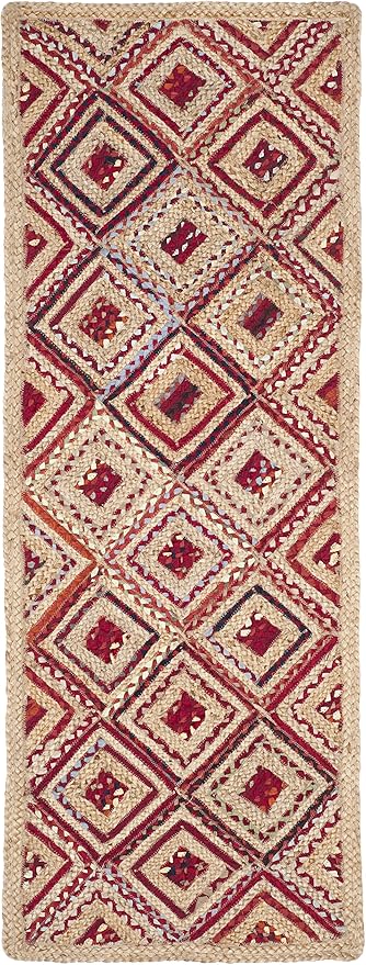 SAFAVIEH Cape Cod Collection Runner Rug - 2'3" x 6', Natural & Red, Handmade Flat Weave Diamond Braided Jute & Denim, Ideal for High Traffic Areas in Living Room, Bedroom (CAP354B)