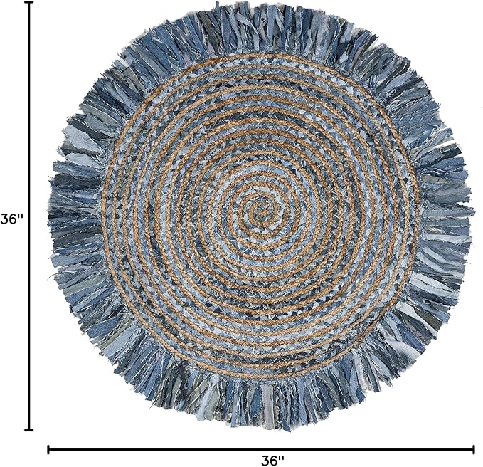 SAFAVIEH Cape Cod Collection Area Rug - 3' Round, Ivory & Denim, Handmade Boho Fringe Jute & Cotton, Ideal for High Traffic Areas in Living Room, Bedroom (CAP206D)