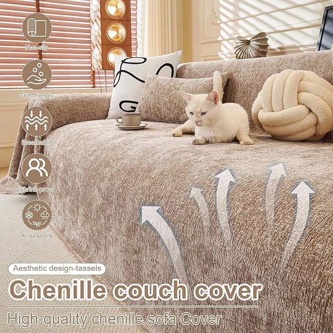 ROOMLIFE Boho Khaki Couch Cover for Dogs, Washable Non Slip Furniture Protector Couch Sofa Covers for 3 Cushion Couch, Soft Chenille Sofa Slipcovers Couch Cover Throw Blanket with Tassels 71''X150''