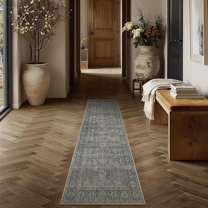 Grey Brown Runner Rug 2x6 Vintage Carpet Hallway Long Indoor Kitchen Washable Living Room Low Pile Traditional Distressed Retro Accent Throw Rug Non Slip Laundry Bathroom Office Dining Room