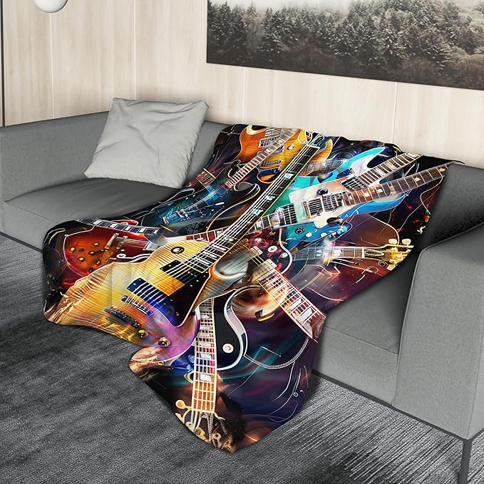 aportt Music Guitar Blanket Soft Flannel Lightweight Rock Instrument Throw Blanket Cozy Warm Blankets All Seasons Living Room Decor for Music Lover Use On Sofa Couch Bed Office 60x80 inch