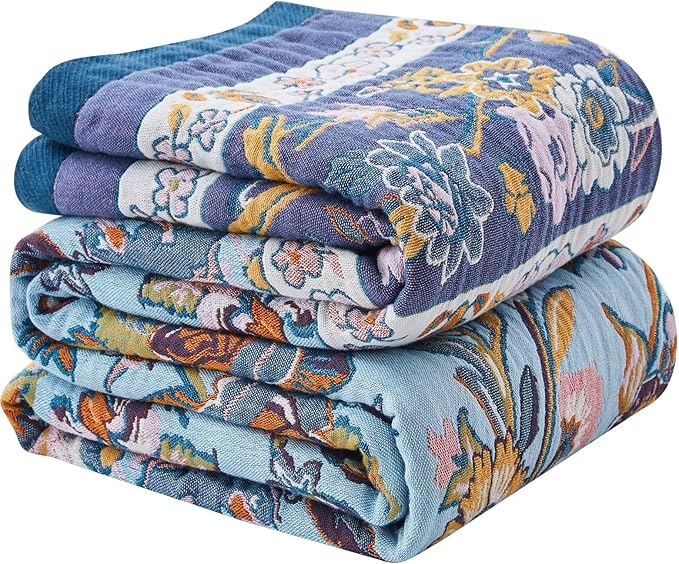 Boho Blanket Soft Muslin BohoThrow Blanket, 100% Cotton Floral Printed Farmhouse Decor All Season Reversible Rustic Throw for Sofa Couch Chair (Light Purple, 60"x80")