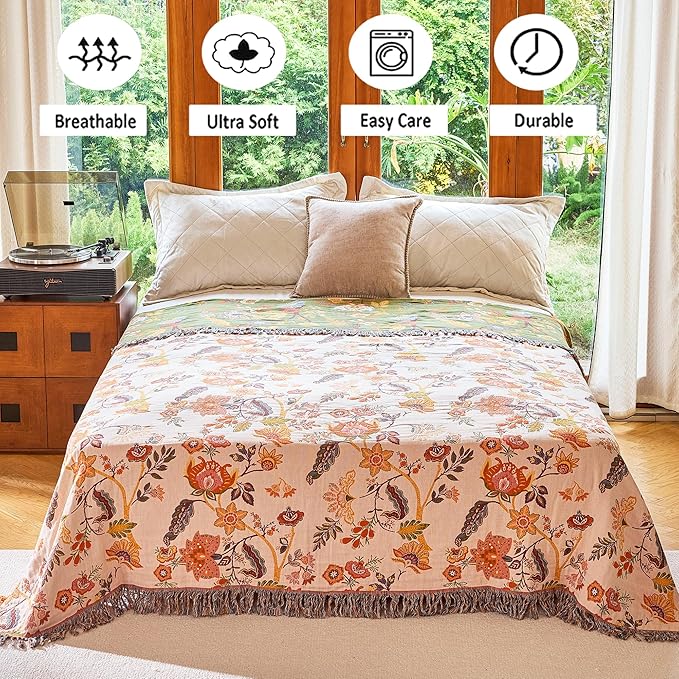 King Boho Throw Blanket 91" x 98", 100% Organic Cotton Breathable Skin-Friendly Ultra Soft Bed Quilt Throw - Floral Rustic Decor Luxury Reversible Blanket for Sofa Couch Chair and Gift