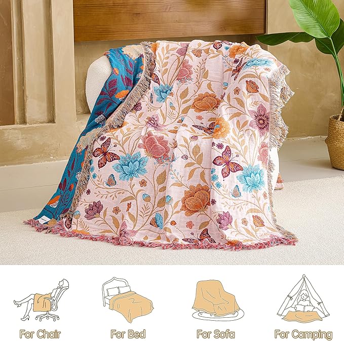 Boho Throw Blanket, 100% Organic Cotton Breathable Ultra Soft 60" x 80" Bed Quilt Throw - All Season Floral Rustic Farmhouse Decor Luxury Reversible Blanket for Sofa Couch Chair and Gift