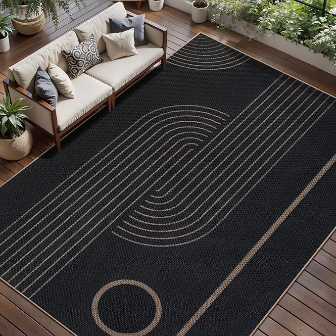 Tangsoo Easy Jute 8x10 Washable Area Rugs for Living Room,Black Thin Non Slip Indoor Outdoor Carpet,Farmhouse Morden Large Throw Mat for Balcony Backyard Dining Room Home Office Decor