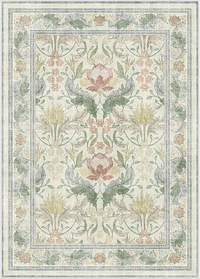 Bavni 8x10 Area Rugs for Living Room, Microfiber Machine Washable Non-Slip Vintage Floral Rug, Low Pile Lightweight Carpet for Bedroom, Dining Room, Home Office, Beige&Green
