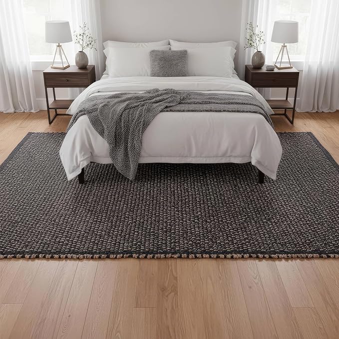 Charcoal Gray 6x9 Cotton Jute Rug Braided Construction - Farmhouse Woven Carpet - Mid-Century Modern Floor Covering for Bedroom Living Room, 6' x 9'