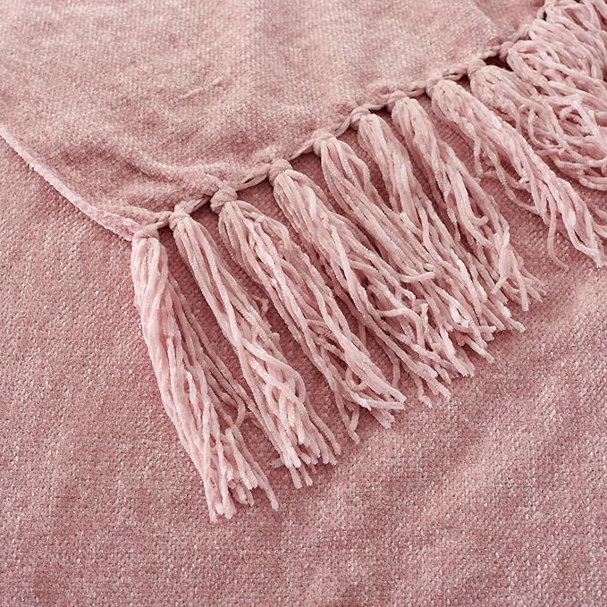 Chenille Throw Blanket for Couch with Tassels,60"X80" Soft Cozy Lightweight Knitted Boho Decorative Blankets for Bed and Sofa,Pink