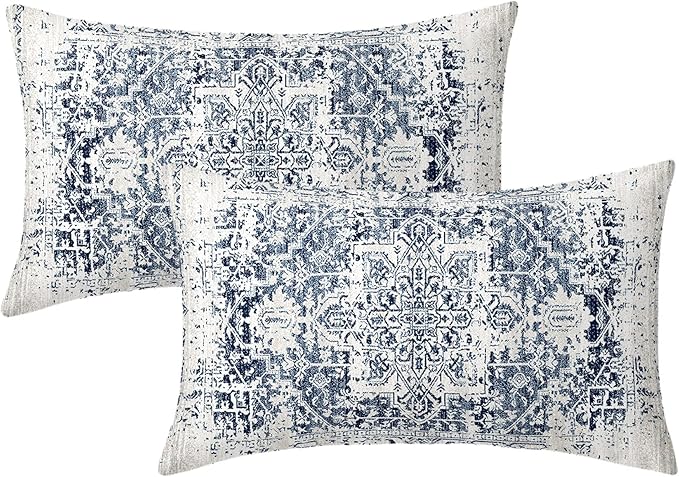 Navy Blue Grey Ethnic Boho Lumbar Pillow Covers 12x20 Inch Bohemian Carpet Pattern Vintage Gray Pillow Cases for Couch Farmhouse Rectangle Rustic Rug Pillow Cases for Bed Patio Outdoor Indoor Set 2