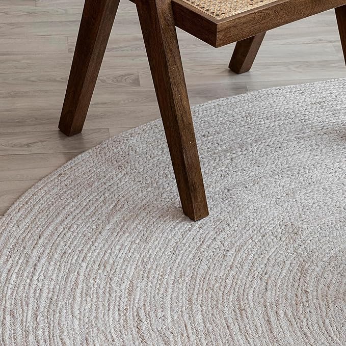 HOMEMONDE Handwoven Jute Area Rug - 3 feet Round Natural Yarn Loom Braided Rug - Eco-Friendly Boho Farmhouse Reversible Design for Bedroom, Living Room, and Kitchen (Off-White)