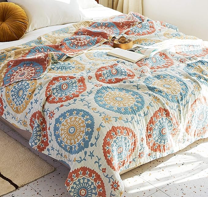 Scientific Sleep Boho Round Retro Farmhouse 100% Cotton Muslin Blanket Throw Cover for Bed Couch Sofa Cozy Soft Reversible Bedding Blanket Bedspread Coverlet Twin 60 in x 80 in