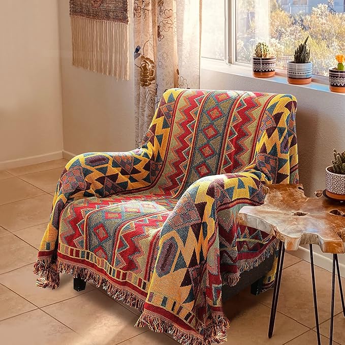 Boho Throw Blankets Reversible Woven Blankets Cover Hippie for Couch Bed Recliner Sofa Bohemian Tapestry Colorful Furniture Protector Cover for Home Décor, Astrology, Double Side, 50"x70"