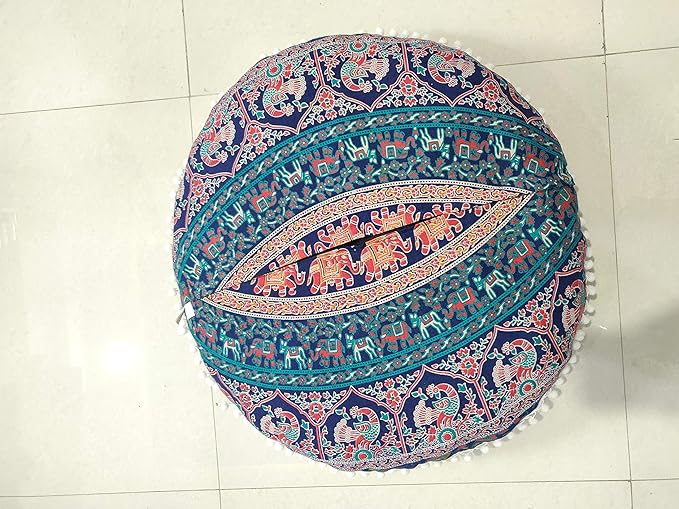 CRAFT KALA Mandala Floor Pillow Cushion Cover Seating Throw Cover Hippie Decorative Bohemian Ottoman Poufs Pom Pom Pillow Cases Boho Indian Cotton Living Room Home Décor 24" Round Elephant Moor Joda