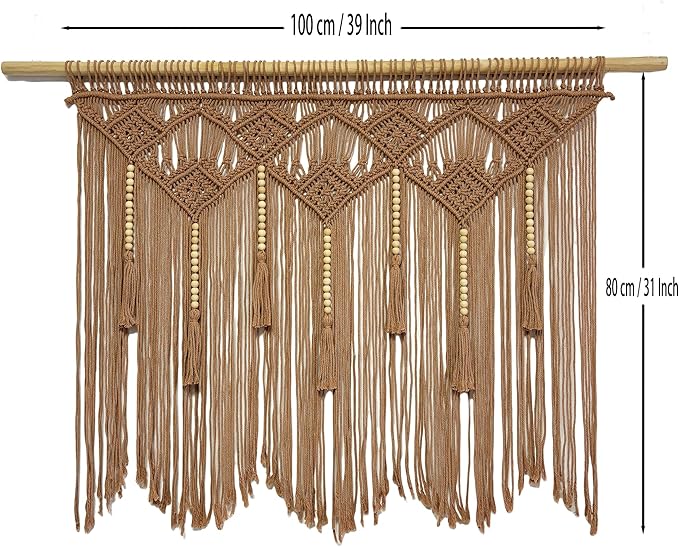 Youngeast Large Macrame Wall Hanging Boho Woven Tapestry Bohemian Macrame Wall Decor Handmade Tassel Tapestry Home Decoration for Bedroom Living Room 39"X31" (Wood Dowels Not Included) (Khaki)
