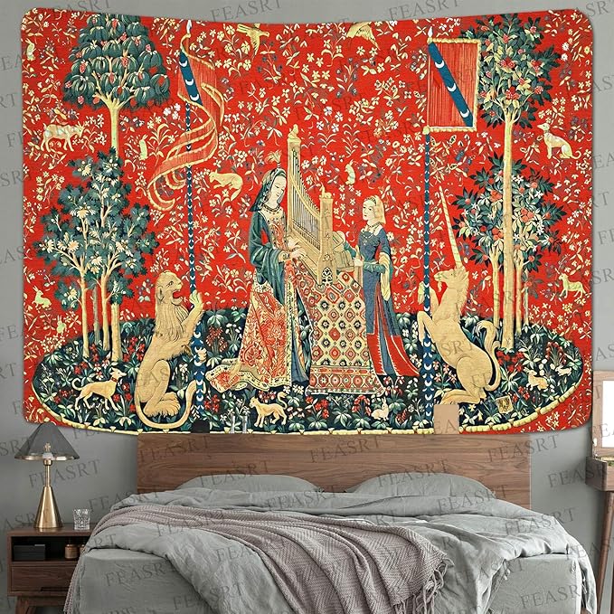 FEASRT Medieval French Art Tapestry - Maiden and Unicorn - European Royal Princess - Wall Hanging for 80x60 inch Bedroom & Living Room Decor