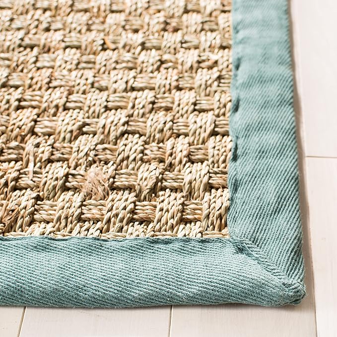 SAFAVIEH Area Rug 4x6 - Natural Fiber Collection - Natural & Light Blue, Seagrass, Basketweave Pattern with Border (NF114M)