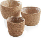 Casafield Set of 3 Seagrass Planter Baskets with Liners - Natural, Hand Woven Indoor Flower Pot Covers for Plants, Succulents, Home Decor