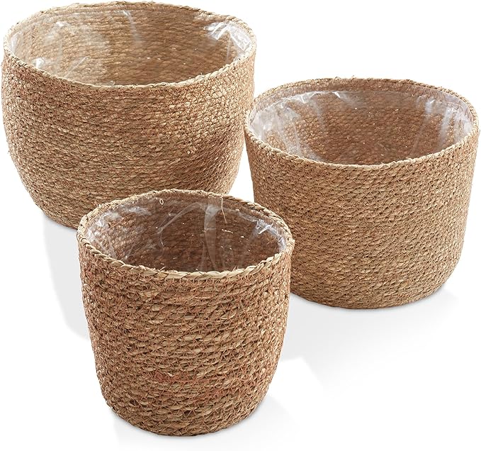 Casafield Set of 3 Seagrass Planter Baskets with Liners - Natural, Hand Woven Indoor Flower Pot Covers for Plants, Succulents, Home Decor