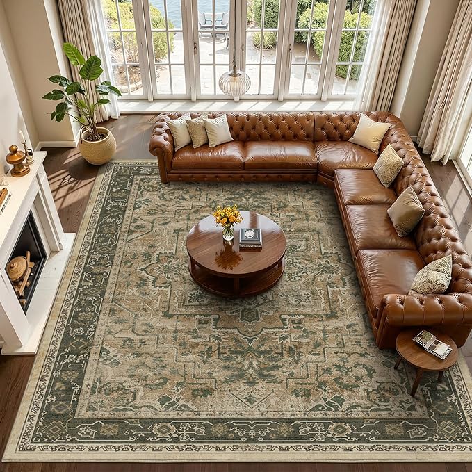 Large Area Rugs 10x12, Living Room Bedroom Carpet Extra Large Size Washable Non Slip, Vintage Distressed Medallio Low Pile Thin Rug for Big Dining Room, Multi Brown/Olive