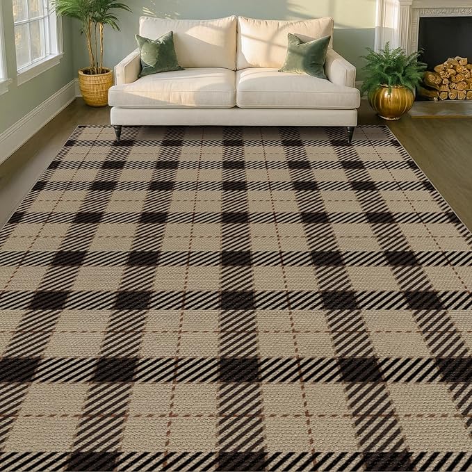 Washable Easy Jute Area Rug 8x10 for Living Room, Washable Checkered Plaid Area Rugs for Dining Room, Indoor Outdoor Non Slip Neutral Farmhouse Black and Beige Foldable Carpet
