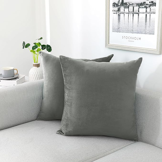 NiNi ALL Decorative Throw Pillow Covers Velvet 26x26 Inch Pack of 2 Grey Cushion Covers Soft for Couch Sofa Bedroom Living Room Outdoor