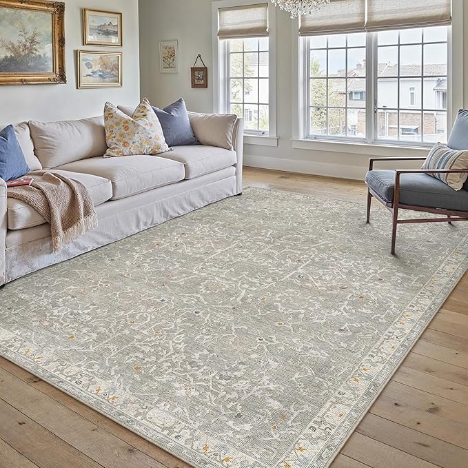 HUGEAR Area Rug 6x9 Retro Grey Machine Washable Living Room Rugs Distressed Vintage Floral Vacuumable Low Pile Carpet Bedroom Office Dining Room Laundry Room Non Slip Soft Lightweight