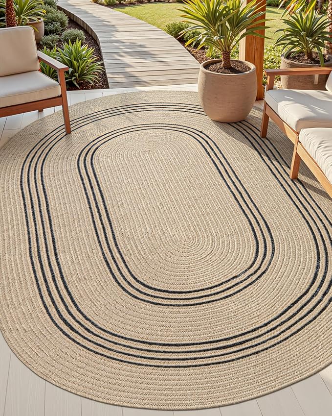 DEXI Jute Area Rug Natural Fiber 5x8 Oval, Woven Braided Durable Farmhouse Design Rugs for Living Room, Bedroom Dinning Room Office Outdoor Patio, Beige/Black