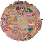 Rajasthani Handmade Colorful Decorative Floor Pillow Cover Meditation Patchwork Patchwork Cushion Seating Accent Boho Chic Indian Handmade Cover ONLY (Beige, 32X32 Inches)