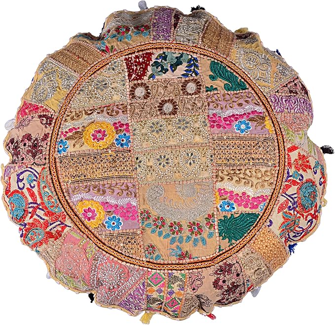 Rajasthani Handmade Colorful Decorative Floor Pillow Cover Meditation Patchwork Patchwork Cushion Seating Accent Boho Chic Indian Handmade Cover ONLY (Beige, 32X32 Inches)