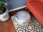 Stuffed Round Design Moroccan Faux Leather Pouf Ottoman, Handmade, Pre-Filled, 13” Height x 20” Diameter, Footstool & Living Room Décor (Metallic Silver)