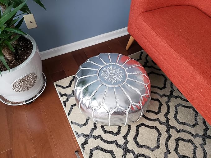 Stuffed Round Design Moroccan Faux Leather Pouf Ottoman, Handmade, Pre-Filled, 13” Height x 20” Diameter, Footstool & Living Room Décor (Metallic Silver)