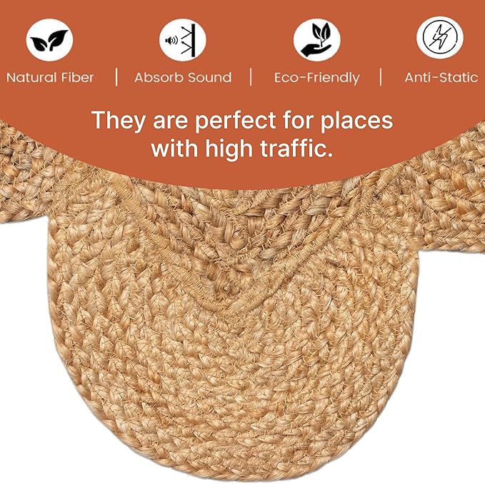 MDS 1 PC Handwoven Braided Jute Area Rug 2ft x 8ft Rectangle Scalloped Edge, 100% Natural Jute Rustic Farmhouse Reversible Accent Rug for Bedroom Living Room Hallway Entryway Office Kitchen (2' x 8')